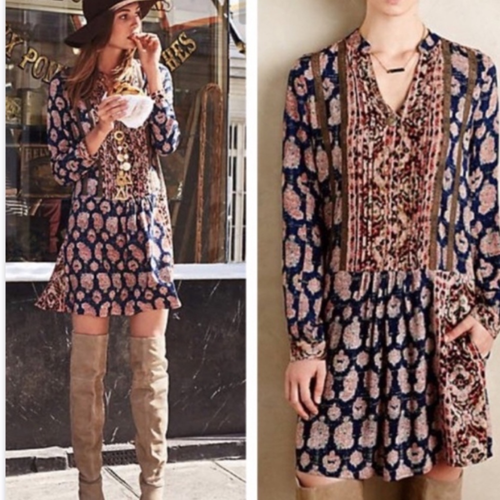 Anthropologie Navy Blue Floral Long Sleeve Boho Dress